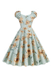 Black Flower Print Swing Retro Dress With Short Sleeves