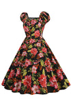 Black Flower Print Swing Retro Dress With Short Sleeves