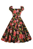 Black Flower Print Swing Retro Dress With Short Sleeves