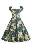 Black Flower Print Swing Retro Dress With Short Sleeves