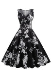 Black V Neck Print Sleeveless 1950s Dress