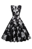 Black V Neck Print Sleeveless 1950s Dress