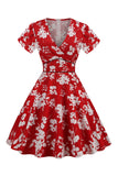 Pink V Neck Flower Print Swing Vintage Dress