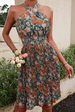 Halter Neck Green Flower Print Summer Dress