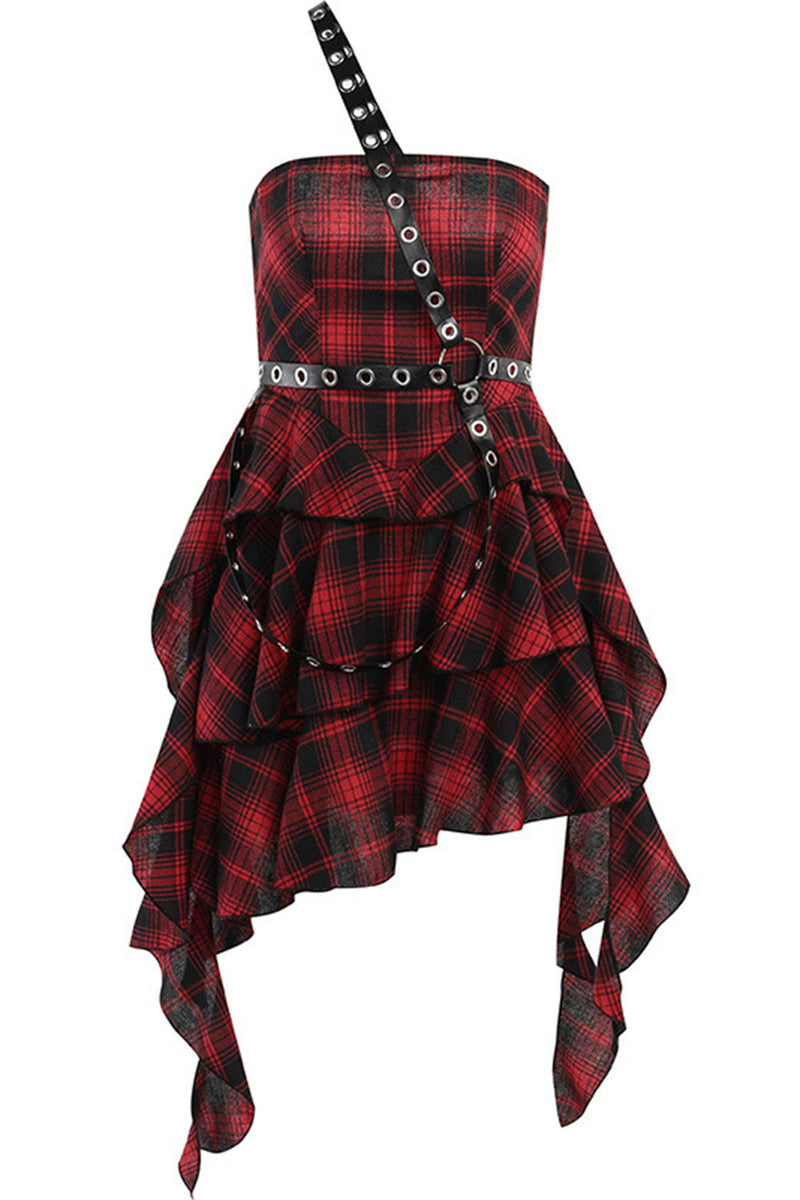Load image into Gallery viewer, One Shoulder Red Plaid Asymmetrical Vintage Dress