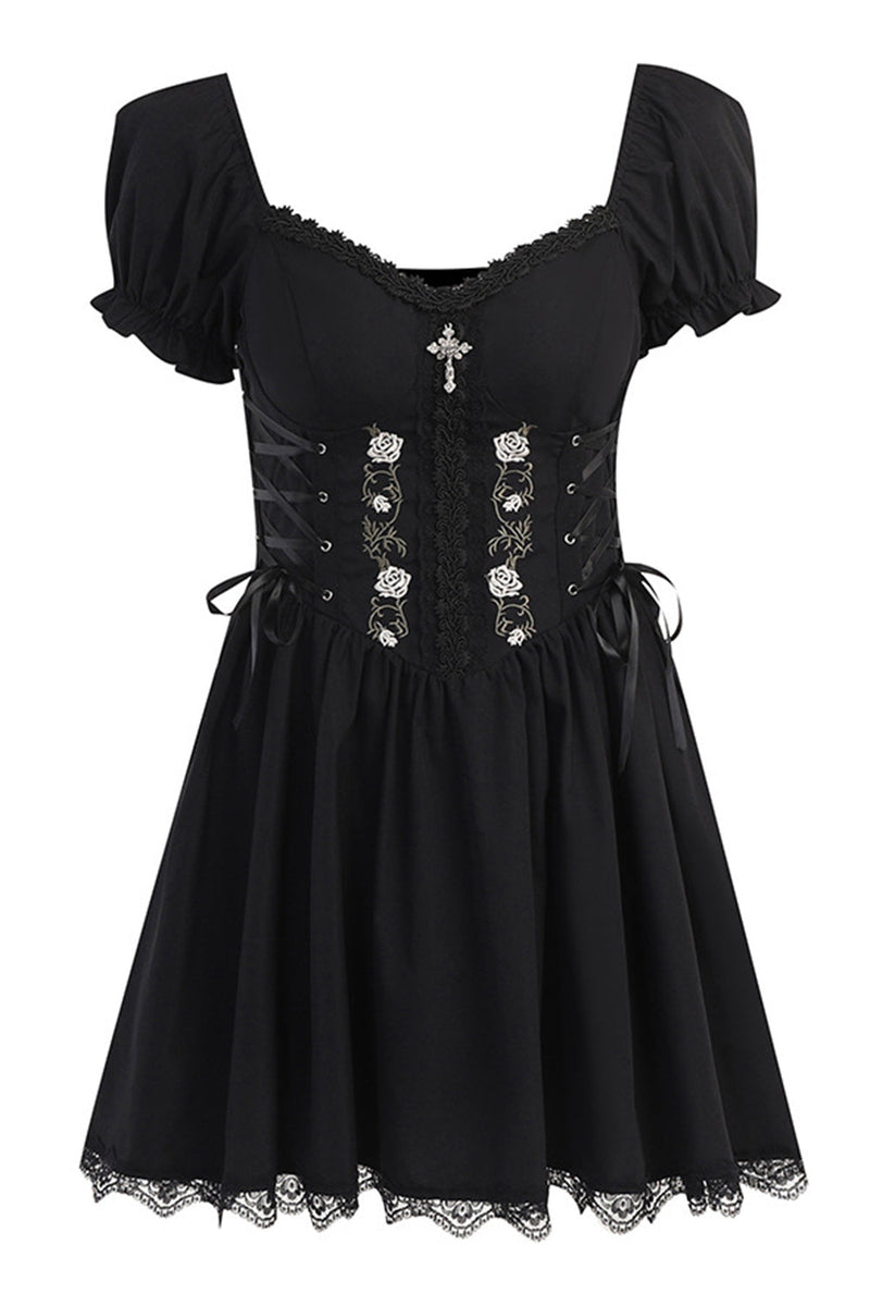 Load image into Gallery viewer, Puff Sleeves Black 1950s Dress with Lace