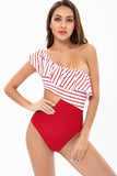 One Shoulder Stripe Red Swimwear with Ruffles