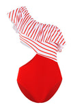 One Shoulder Stripe Red Swimwear with Ruffles