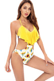 Halter One Piece Printed Yellow Swimwear with Ruffles