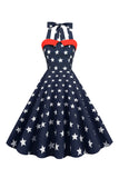 Red Stars Printed Halter 1950s Dress