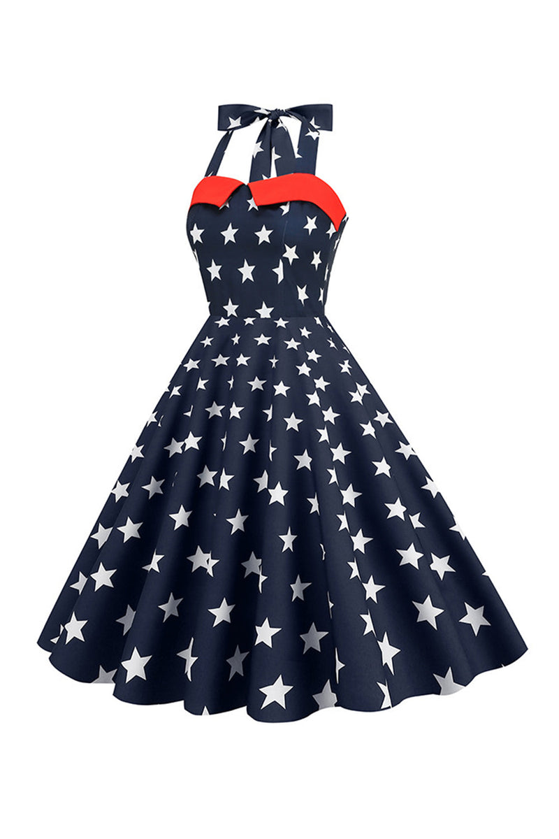 Load image into Gallery viewer, Red Stars Printed Halter 1950s Dress