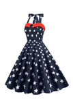 Red Stars Printed Halter 1950s Dress