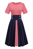 Red Stripes Short Sleeve 1950s Dress