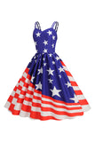 Blue Stars Stripes Printed Spaghetti Straps 1950s Dress