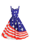 Blue Stars Stripes Printed Spaghetti Straps 1950s Dress