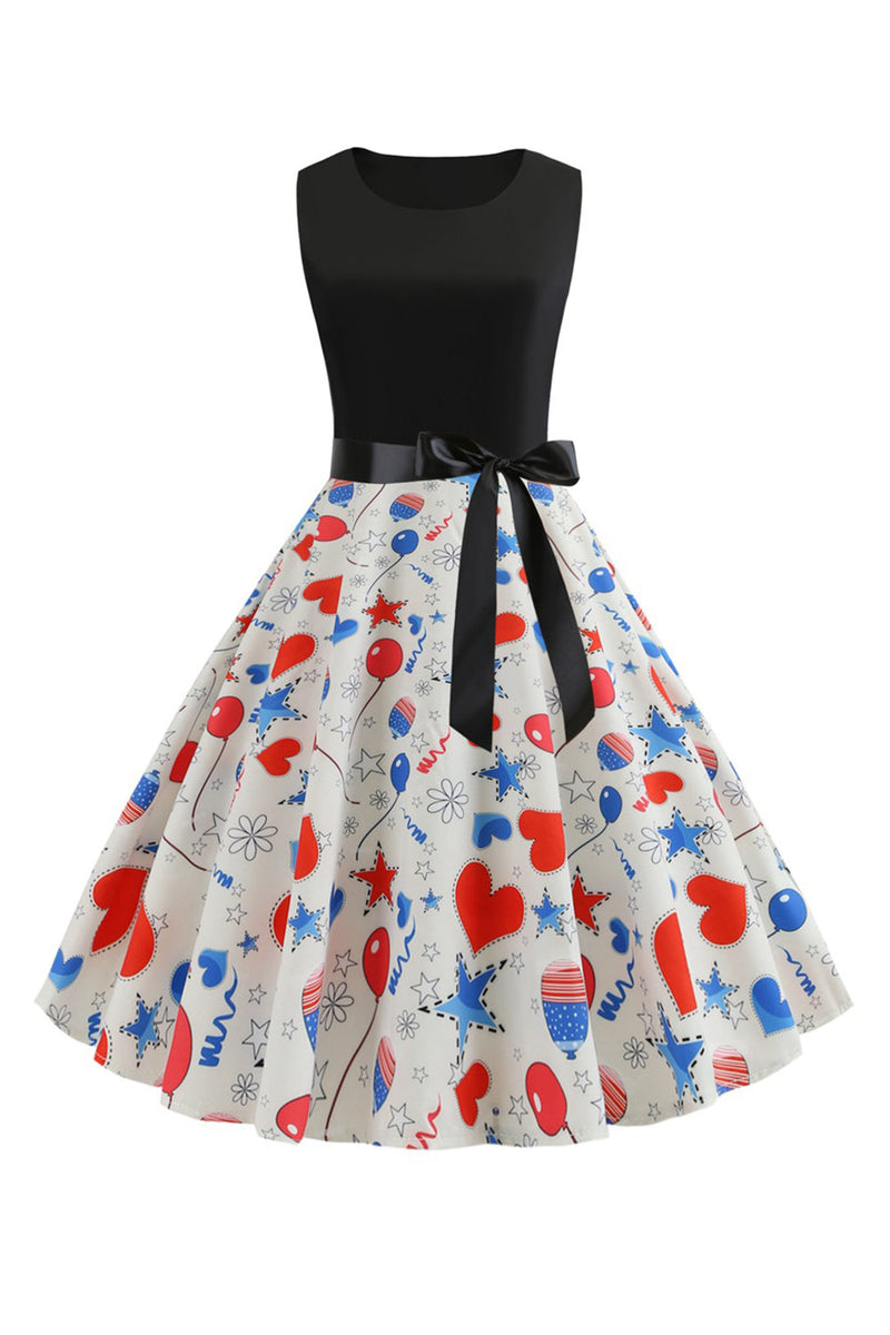 Load image into Gallery viewer, Black Printed Sleeveless 1950s Dress With Belt