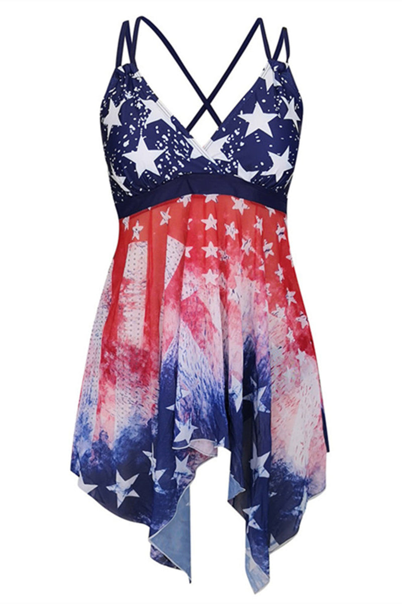 Load image into Gallery viewer, Navy Stars Printed Adjustable Strap One Piece Swimdress