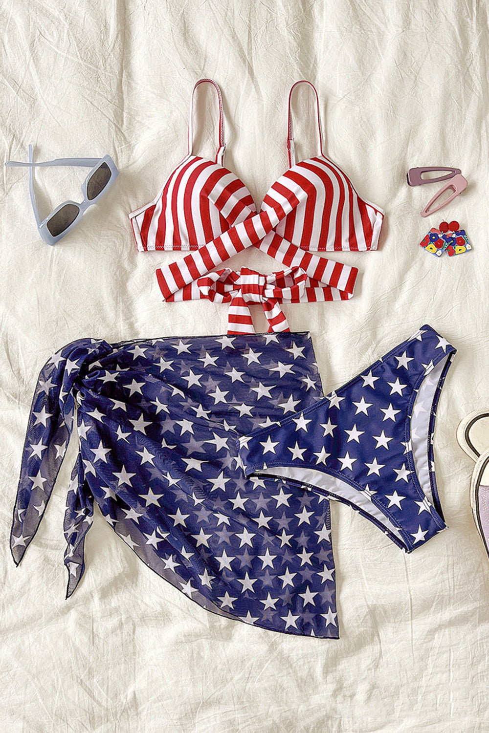 Blue Two Piece Stars Stripes Printed Wrap Front Swimsuit With Cover-up Dress