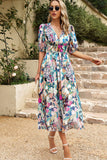 Black V Neck Printed Half Sleeves Summer Dress