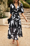 Black V Neck Printed Half Sleeves Summer Dress