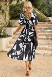 Black V Neck Printed Half Sleeves Summer Dress