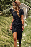 Asymmetrical Black Short Sleeves Summer Dress