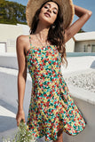 Flower Printed Spaghetti Straps Green Short Summer Dress With Ruffles