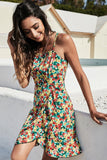 Flower Printed Spaghetti Straps Green Short Summer Dress With Ruffles