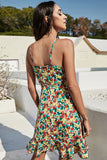 Flower Printed Spaghetti Straps Green Short Summer Dress With Ruffles