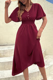 Burgundy Flutter Sleeve V-Neck Summer Dress