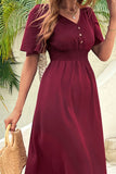 Burgundy Flutter Sleeve V-Neck Summer Dress