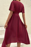 Burgundy Flutter Sleeve V-Neck Summer Dress