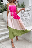 Color Contrast Spaghetti Strap Fuchsia Long Summer Dress With Belt