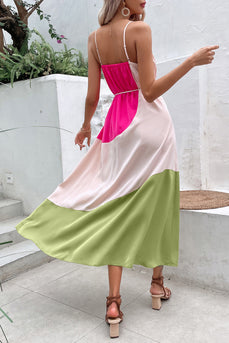 Color Contrast Spaghetti Strap Fuchsia Long Summer Dress With Belt