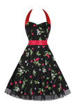 Hepburn Style Halter Tulle Black Printed 1950s Dress