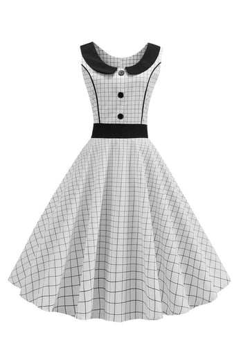 White Sleeveless Plaid 1950s Dress with Button