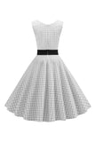 White Sleeveless Plaid 1950s Dress with Button