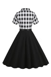 V-Neck Short Sleeves Plaid Black 1950s Dress with Belt