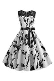 Boat Neck Sleeveless Printed White 1950s Dress with Sash