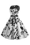 Boat Neck Sleeveless Printed White 1950s Dress with Sash