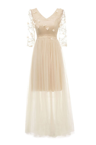 Apricot Tulle Long Sleeve Wedding Guest Dress With Appliques
