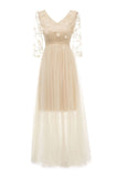 Apricot Tulle Long Sleeve Wedding Guest Dress With Appliques