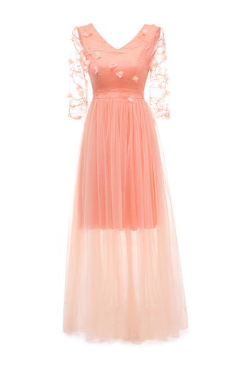 Apricot Tulle Long Sleeve Wedding Guest Dress With Appliques