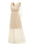 Apricot Tulle Long Sleeve Wedding Guest Dress With Appliques