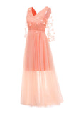 Apricot Tulle Long Sleeve Wedding Guest Dress With Appliques