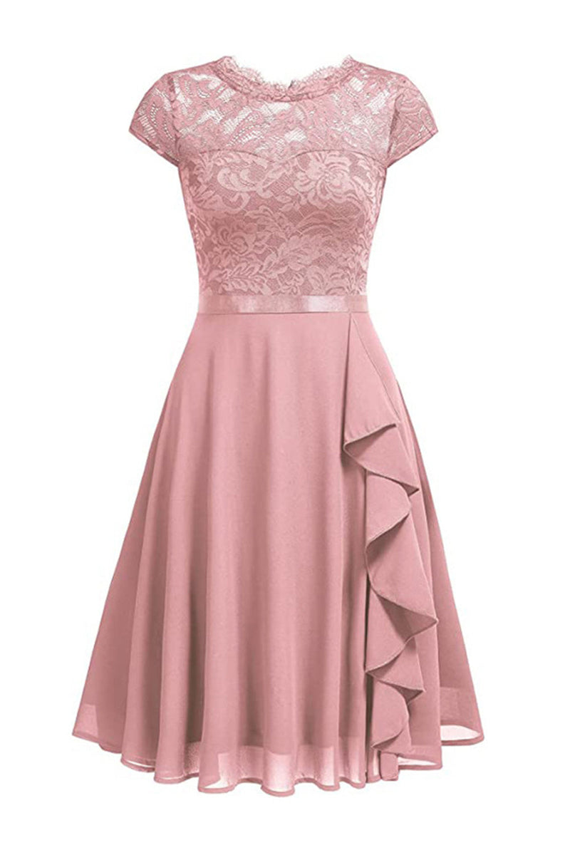 Load image into Gallery viewer, Pink A Line Lace Dress with Ruffles