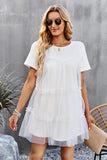 White Tulle Short Sleeves Short Casual Dress