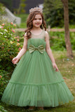 Green Strapless Tulle A Line Flower Girl Dress with Bow