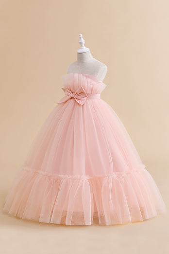 Green Strapless Tulle A Line Flower Girl Dress with Bow