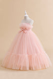 Green Strapless Tulle A Line Flower Girl Dress with Bow